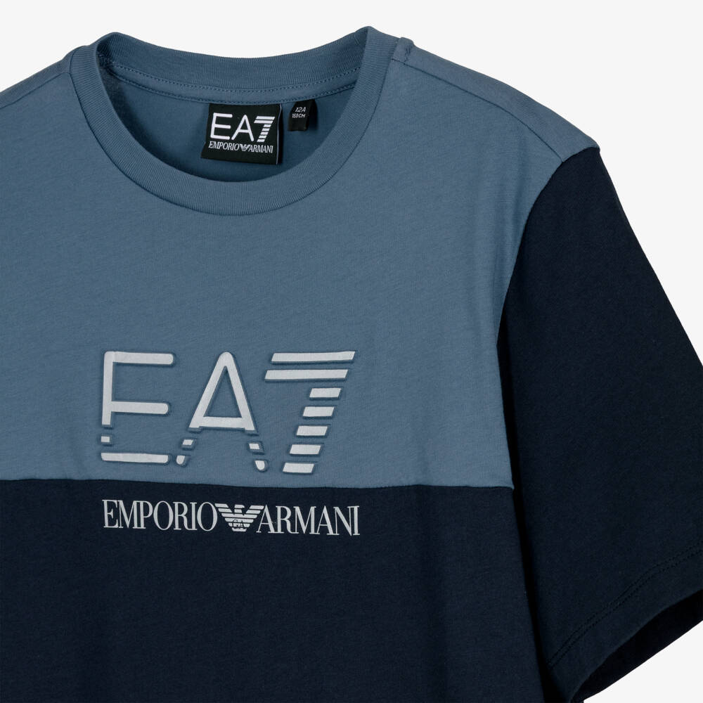 EA7 Emporio Armani-Boys Blue Colourblock Cotton T-Shirt | Childrensalon