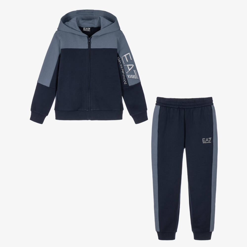 EA7 Emporio Armani-Boys Blue Colourblock EA7 Zip-Up Tracksuit | Childrensalon