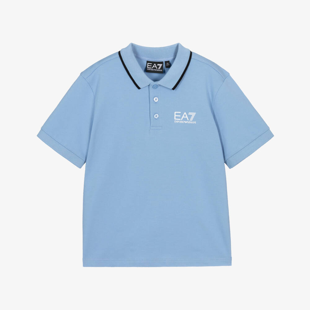 EA7 Emporio Armani-Boys Blue Cotton Piqué Polo Shirt with Logo Print | Childrensalon