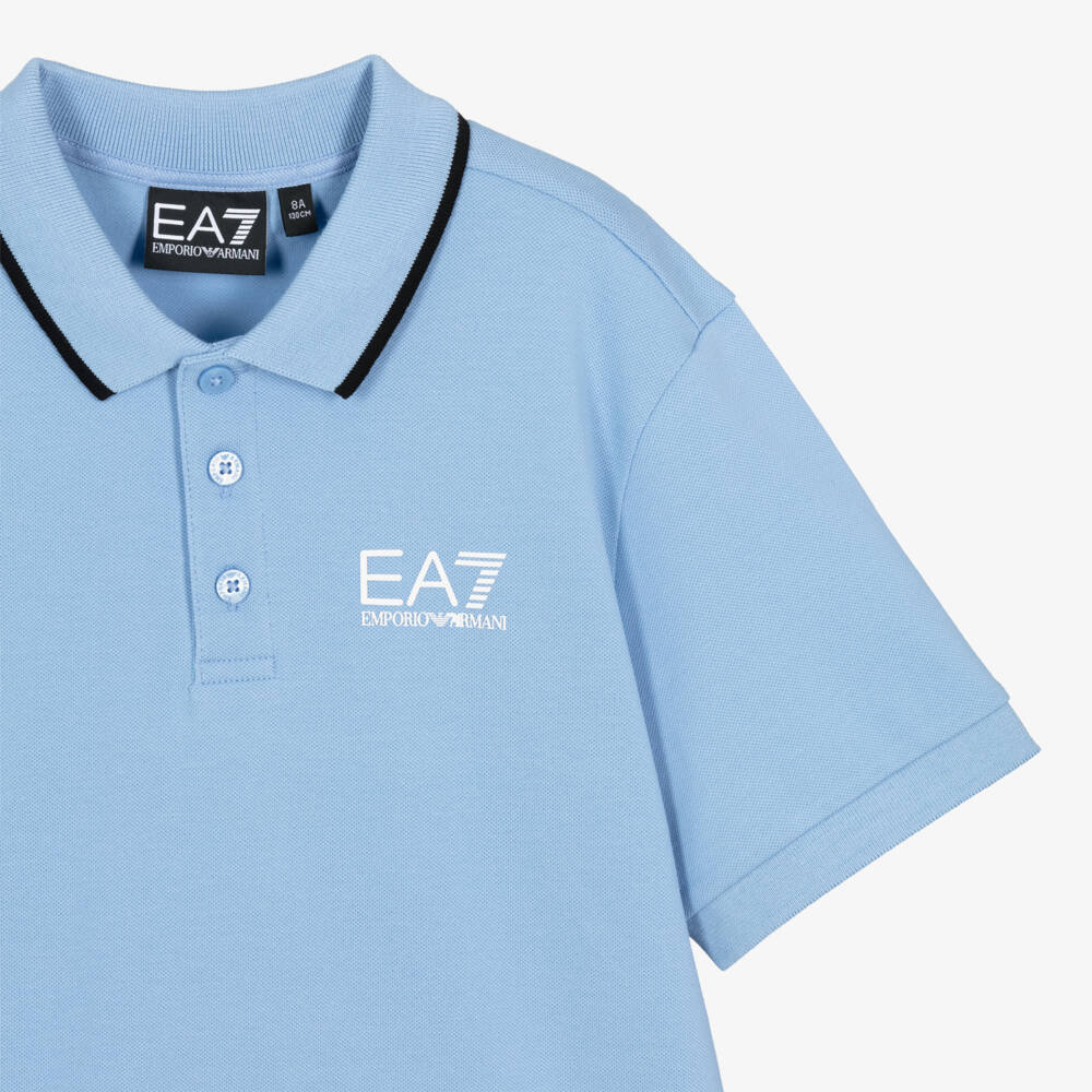 EA7 Emporio Armani-Boys Blue Cotton Piqué Polo Shirt with Logo Print | Childrensalon