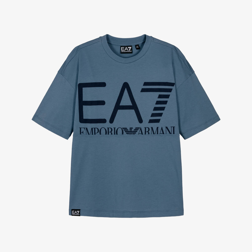 EA7 Emporio Armani-Boys Blue Cotton T-Shirt with Oversized EA7 Logo | Childrensalon