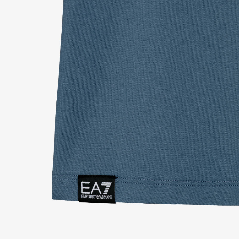 EA7 Emporio Armani-Boys Blue Cotton T-Shirt with Oversized EA7 Logo | Childrensalon