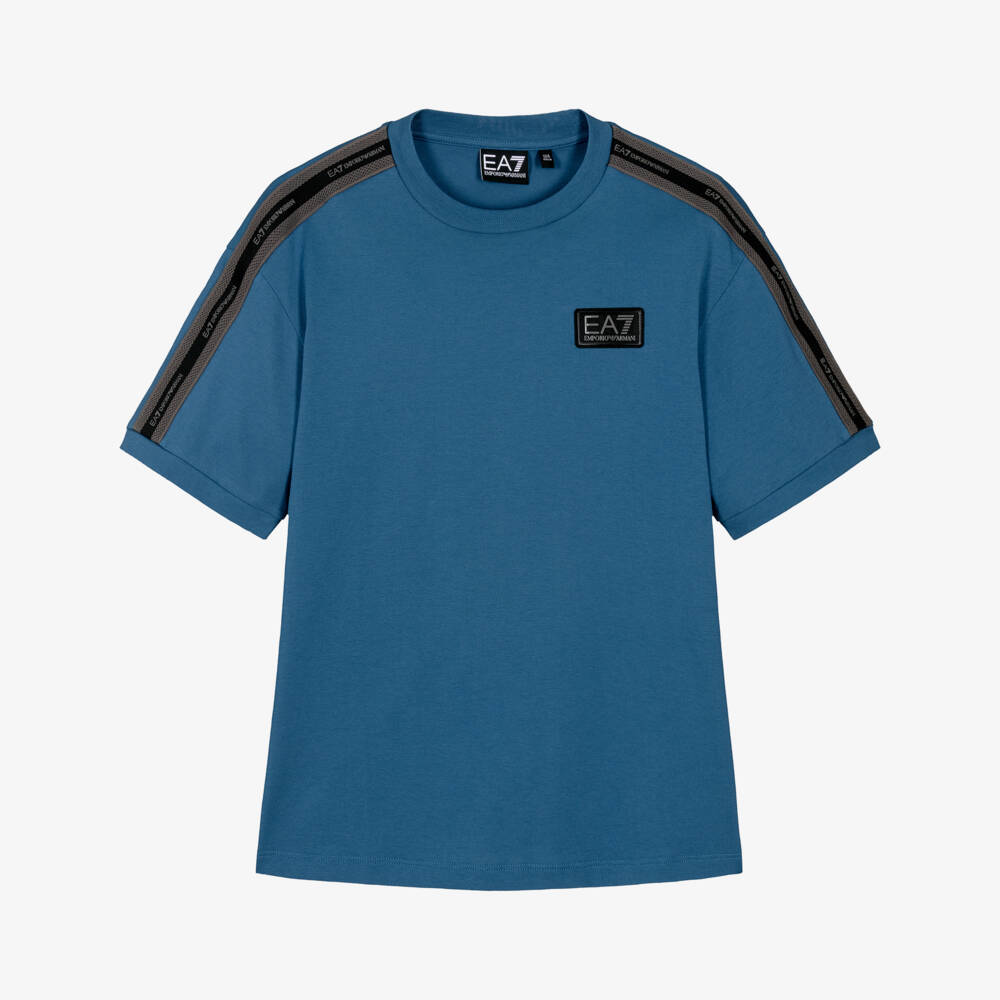 EA7 Emporio Armani-Boys Blue Logo Tape Cotton T-Shirt | Childrensalon