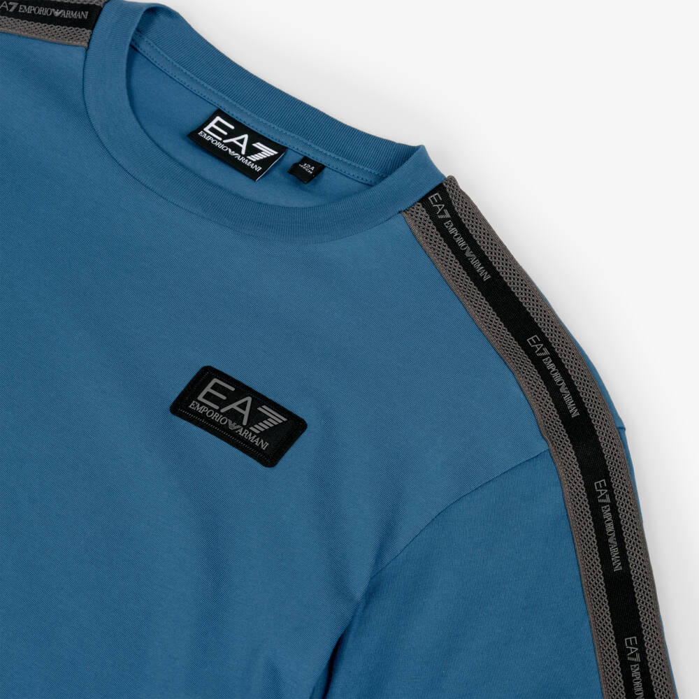 EA7 Emporio Armani-Boys Blue Logo Tape Cotton T-Shirt | Childrensalon