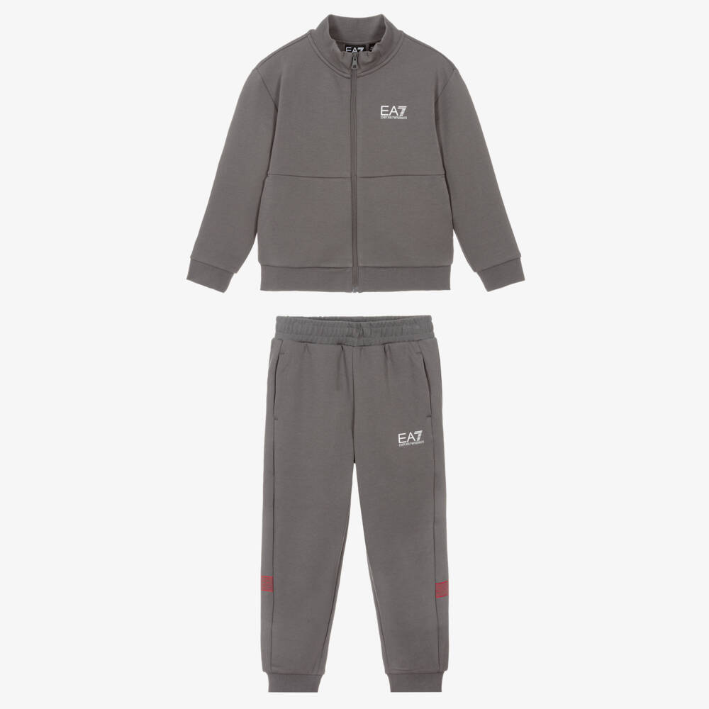 EA7 Emporio Armani-Boys Dark Grey Jersey Zip-Up Tracksuit | Childrensalon