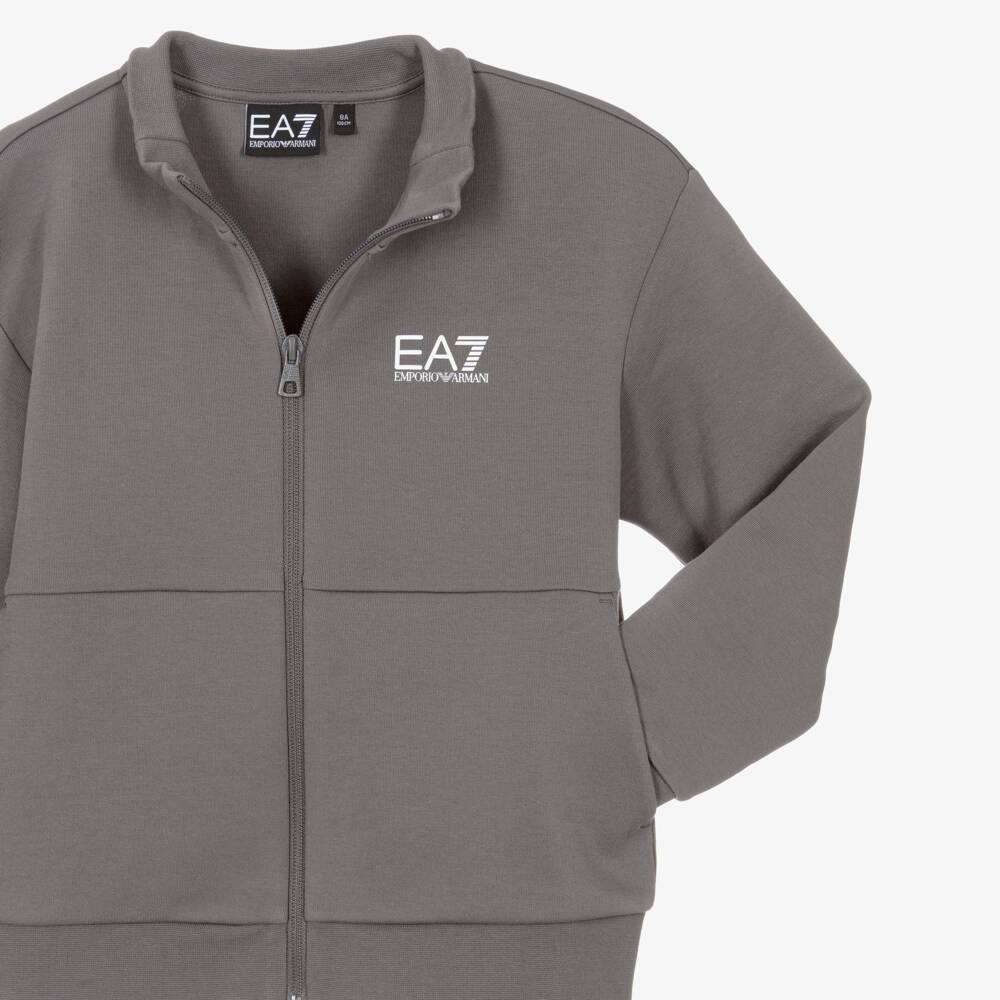 EA7 Emporio Armani-Boys Dark Grey Jersey Zip-Up Tracksuit | Childrensalon