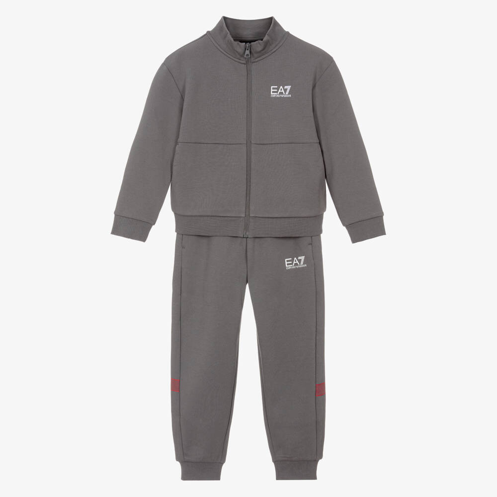 EA7 Emporio Armani-Boys Dark Grey Jersey Zip-Up Tracksuit | Childrensalon