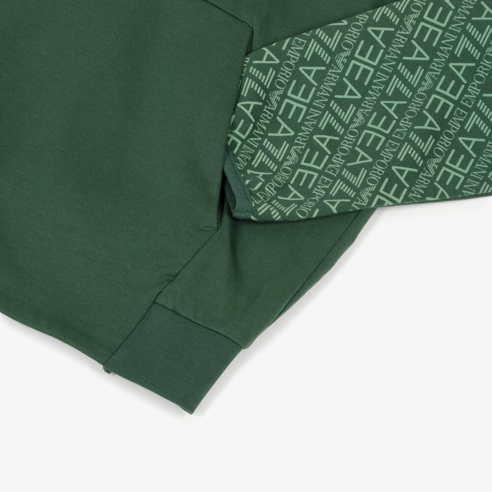 EA7 Emporio Armani-Boys Green Cotton Hoodie with Logo Sleeves | Childrensalon