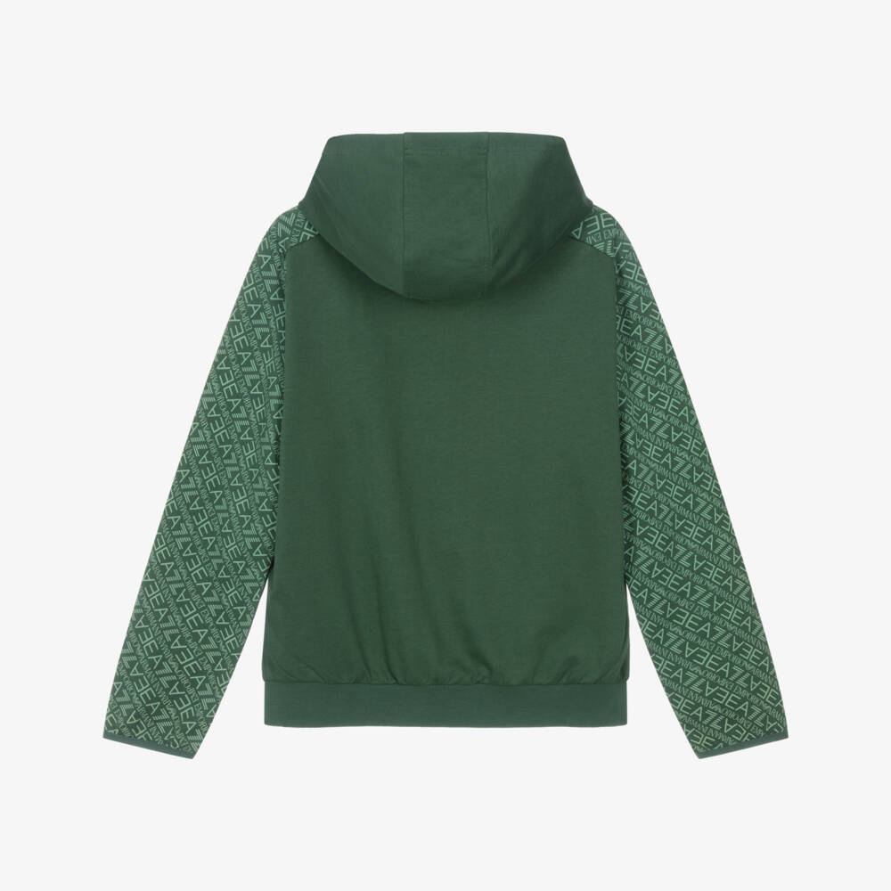 EA7 Emporio Armani-Boys Green Cotton Hoodie with Logo Sleeves | Childrensalon