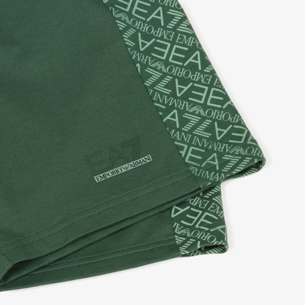 EA7 Emporio Armani-Boys Green Cotton Jersey Bermuda Shorts with Logo Panels | Childrensalon