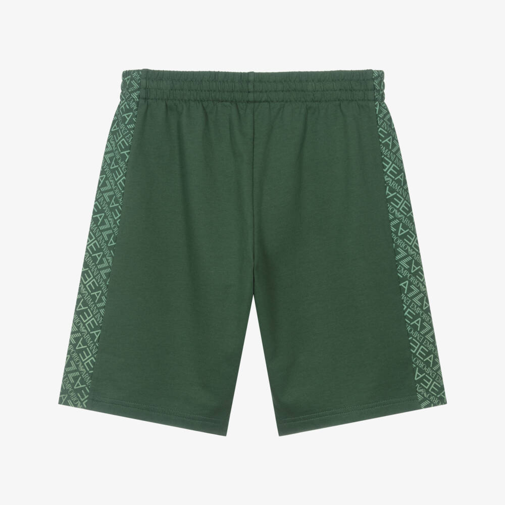 EA7 Emporio Armani-Boys Green Cotton Jersey Bermuda Shorts with Logo Panels | Childrensalon