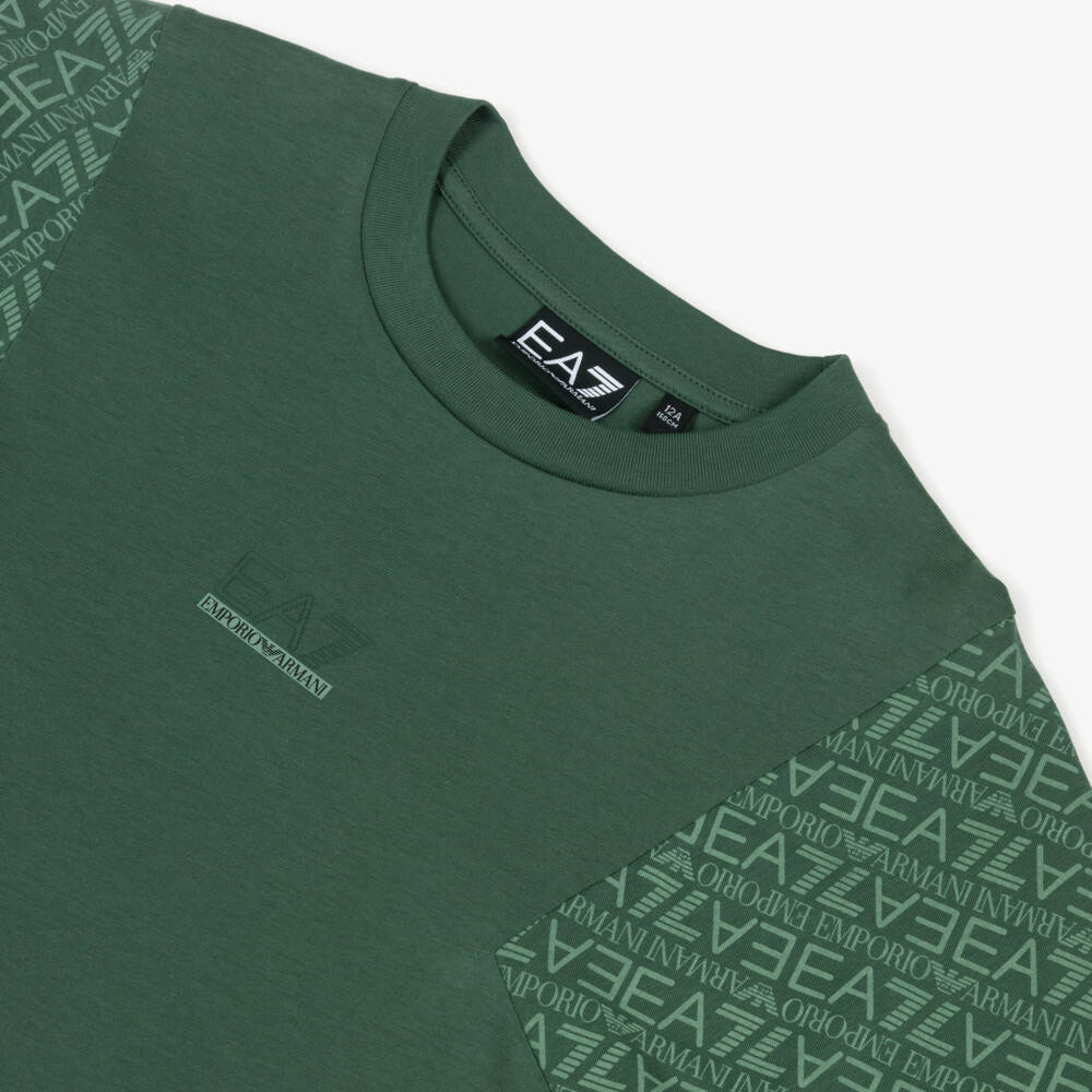 EA7 Emporio Armani-Boys Green Cotton T-Shirt with Logo Sleeves | Childrensalon