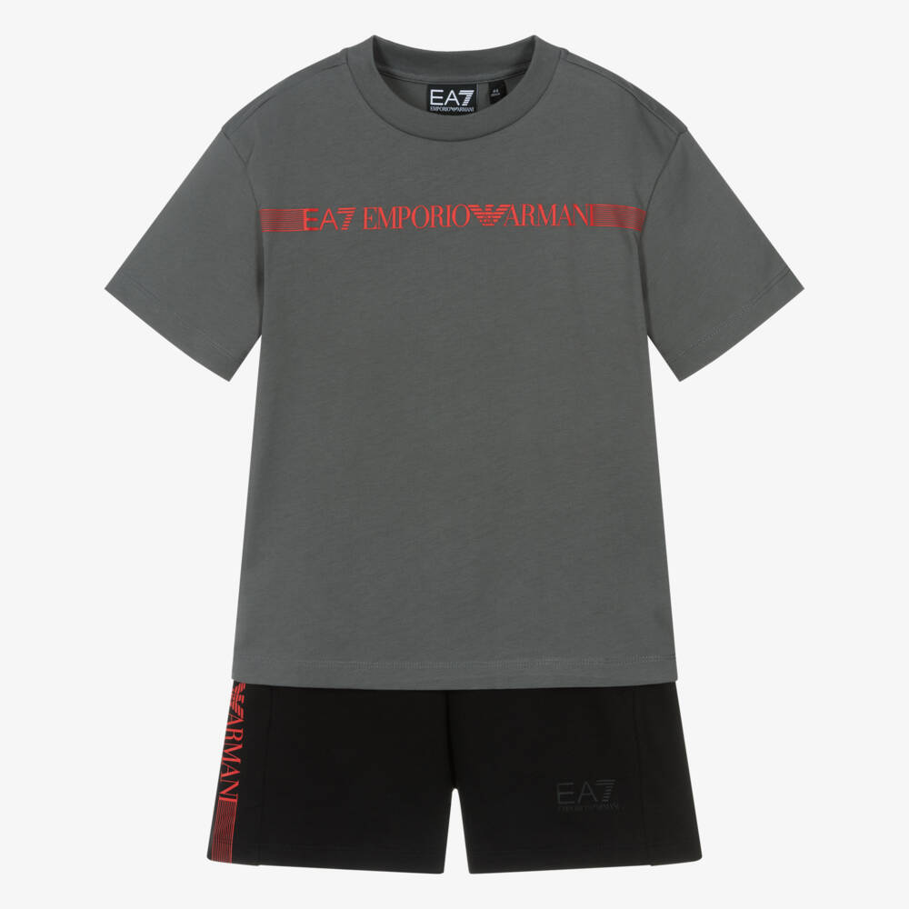 EA7 Emporio Armani-Boys Grey & Black Cotton Jersey Shorts Set | Childrensalon