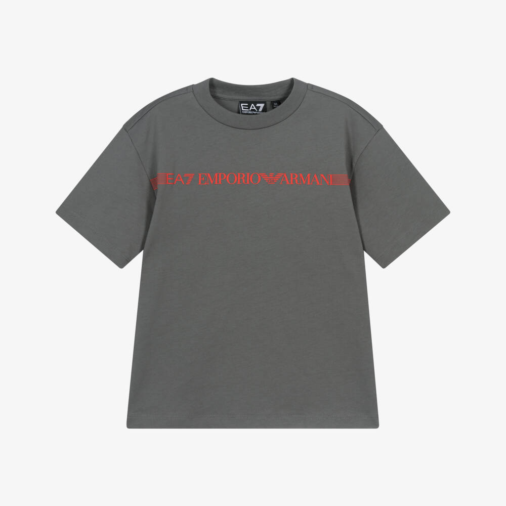 EA7 Emporio Armani-Boys Grey Cotton T-Shirt with Striped Red Logo | Childrensalon