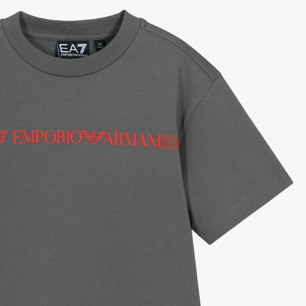 EA7 Emporio Armani-Boys Grey Cotton T-Shirt with Striped Red Logo | Childrensalon