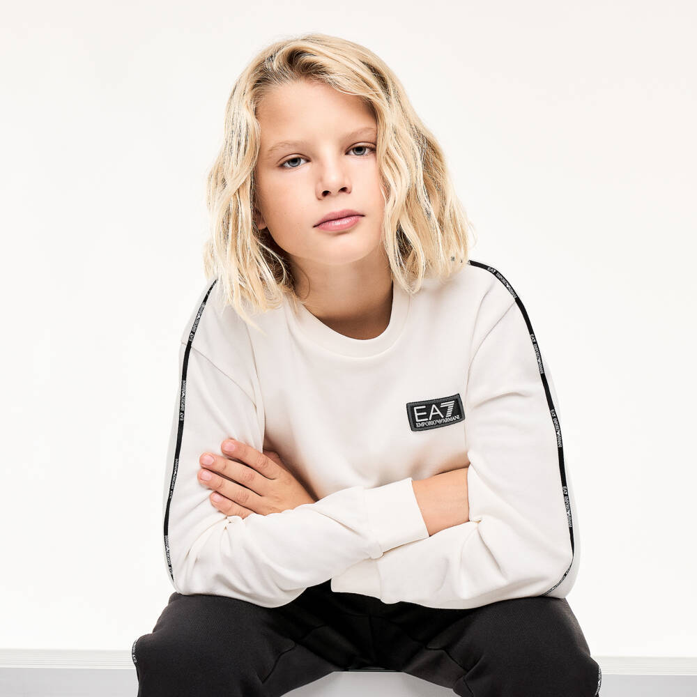EA7 Emporio Armani-Boys Ivory Cotton Jersey Sweatshirt with Black Logo Tape | Childrensalon