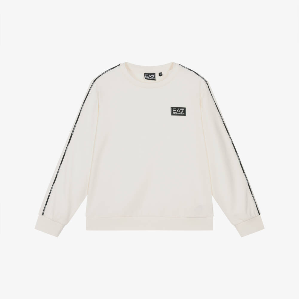 EA7 Emporio Armani-Boys Ivory Cotton Jersey Sweatshirt with Black Logo Tape | Childrensalon