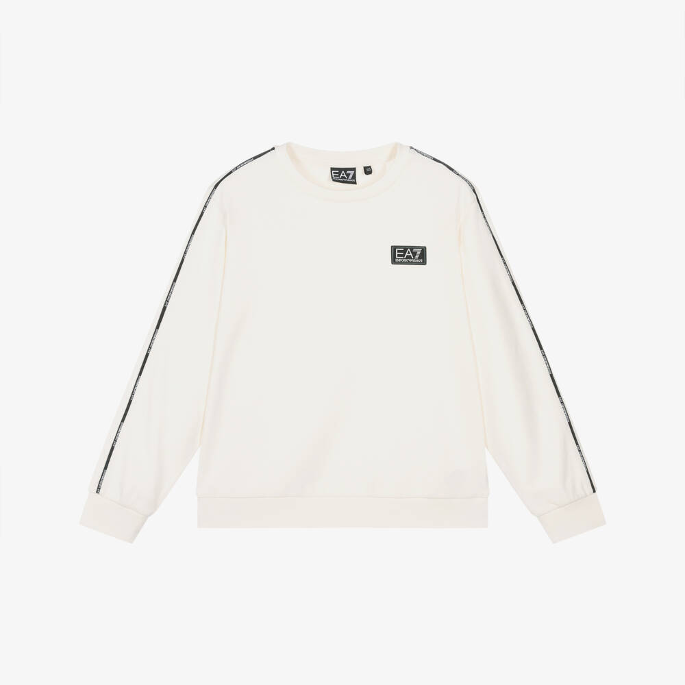 EA7 Emporio Armani-Boys Ivory Cotton Jersey Sweatshirt with Black Logo Tape | Childrensalon