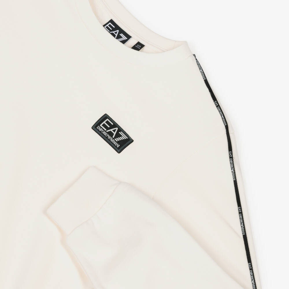 EA7 Emporio Armani-Boys Ivory Cotton Jersey Sweatshirt with Black Logo Tape | Childrensalon