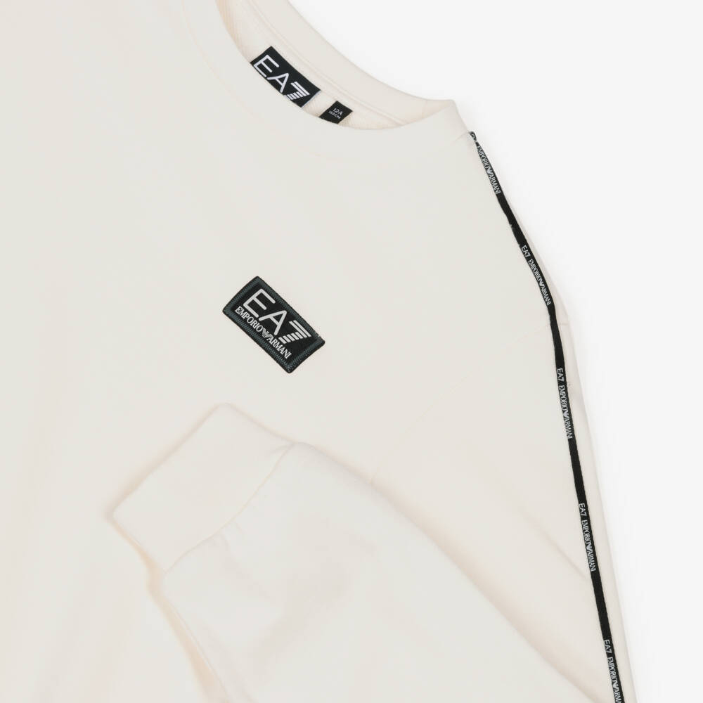 EA7 Emporio Armani-Boys Ivory Cotton Logo Tape Sweatshirt | Childrensalon