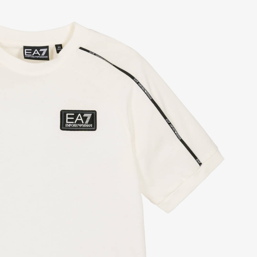 EA7 Emporio Armani-Boys Ivory Cotton Logo Tape T-Shirt | Childrensalon