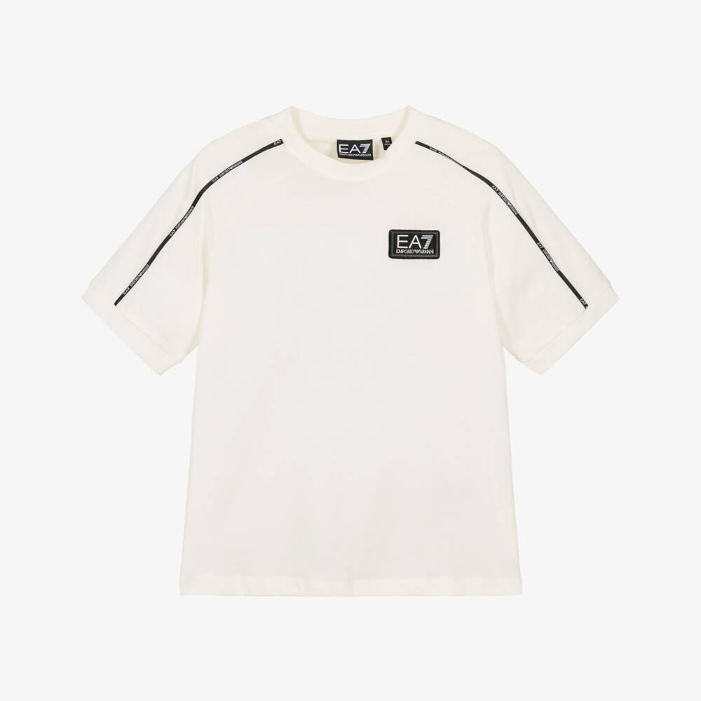 EA7 Emporio Armani-Boys Ivory Cotton Logo Tape T-Shirt | Childrensalon
