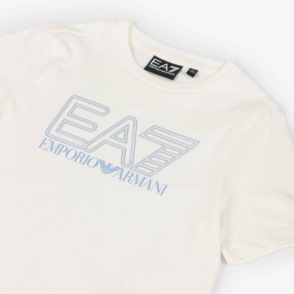 EA7 Emporio Armani-Boys Ivory Cotton T-Shirt with EA7 Logo  | Childrensalon