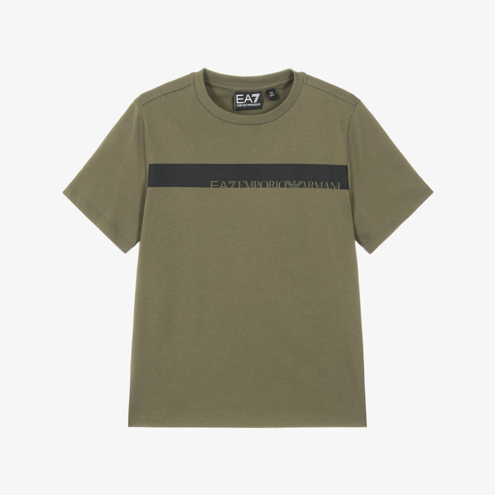 EA7 Emporio Armani-Boys Khaki Green Logo Series Cotton T-Shirt | Childrensalon