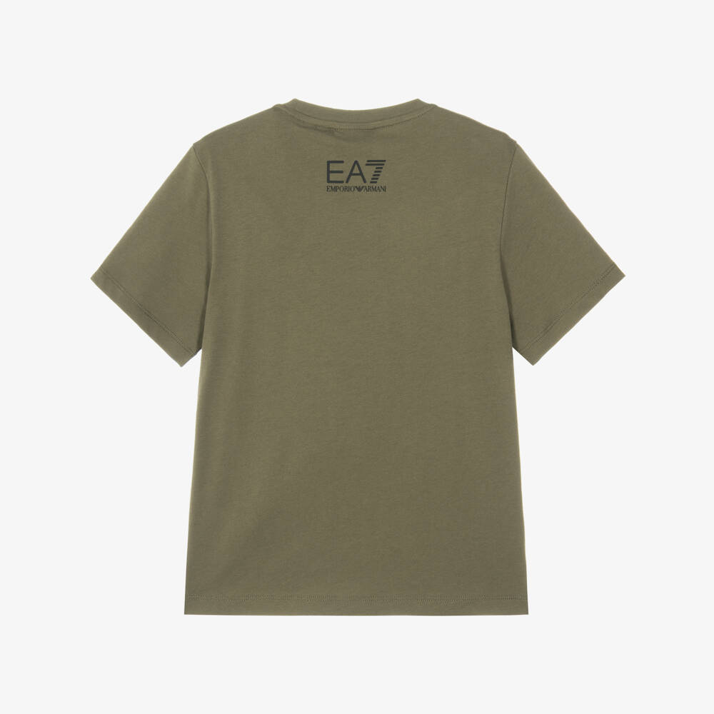 EA7 Emporio Armani-Boys Khaki Green Logo Series Cotton T-Shirt | Childrensalon