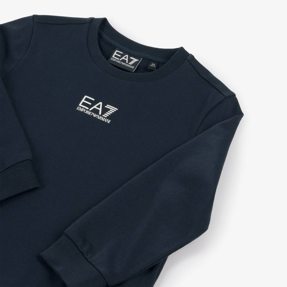 EA7 Emporio Armani-Boys Navy Blue Cotton Sweatshirt with White EA7 Print | Childrensalon