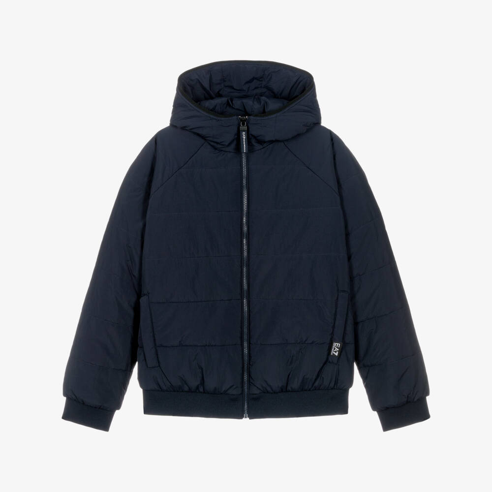 EA7 Emporio Armani-Boys Navy Blue EA7 Hooded Puffer Jacket | Childrensalon