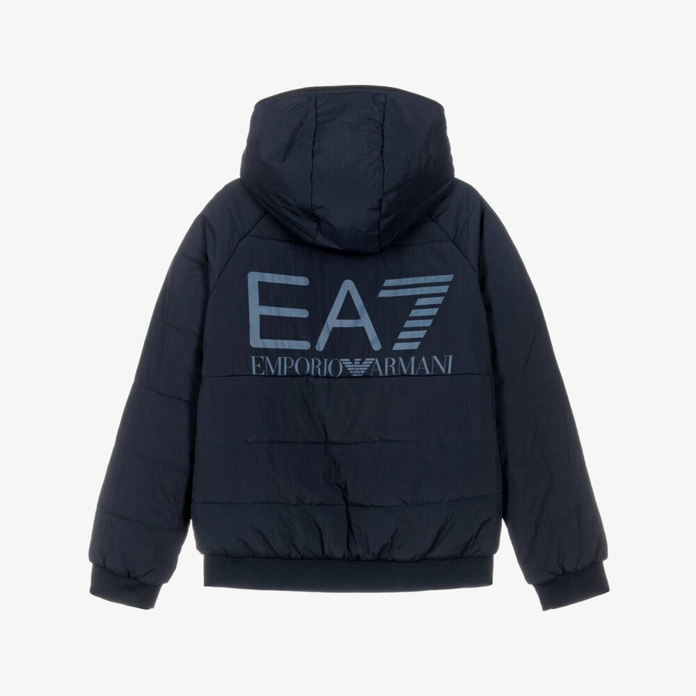 EA7 Emporio Armani-Boys Navy Blue EA7 Hooded Puffer Jacket | Childrensalon