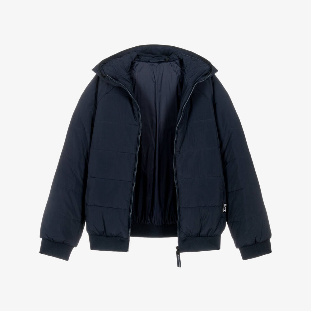 EA7 Emporio Armani-Boys Navy Blue EA7 Hooded Puffer Jacket | Childrensalon