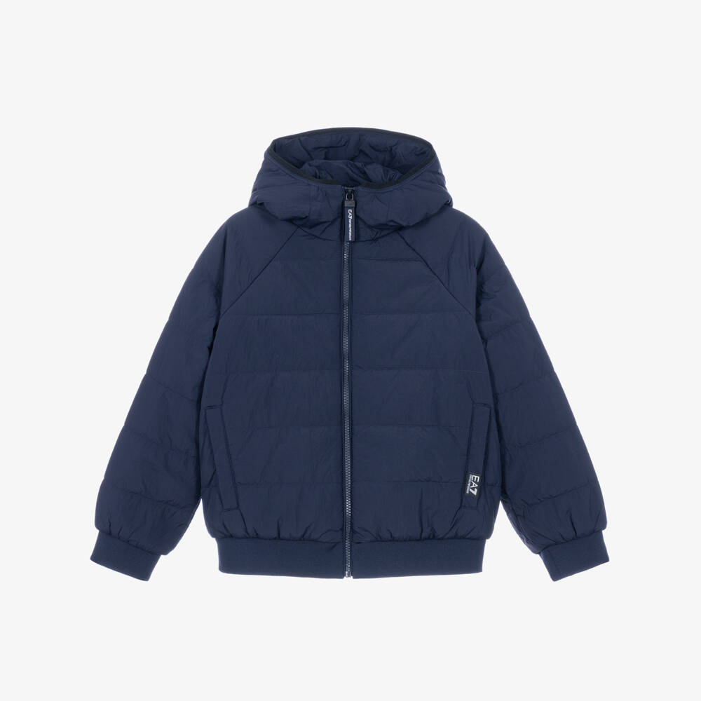 EA7 Emporio Armani-Boys Navy Blue EA7 Logo Hooded Puffer Jacket | Childrensalon
