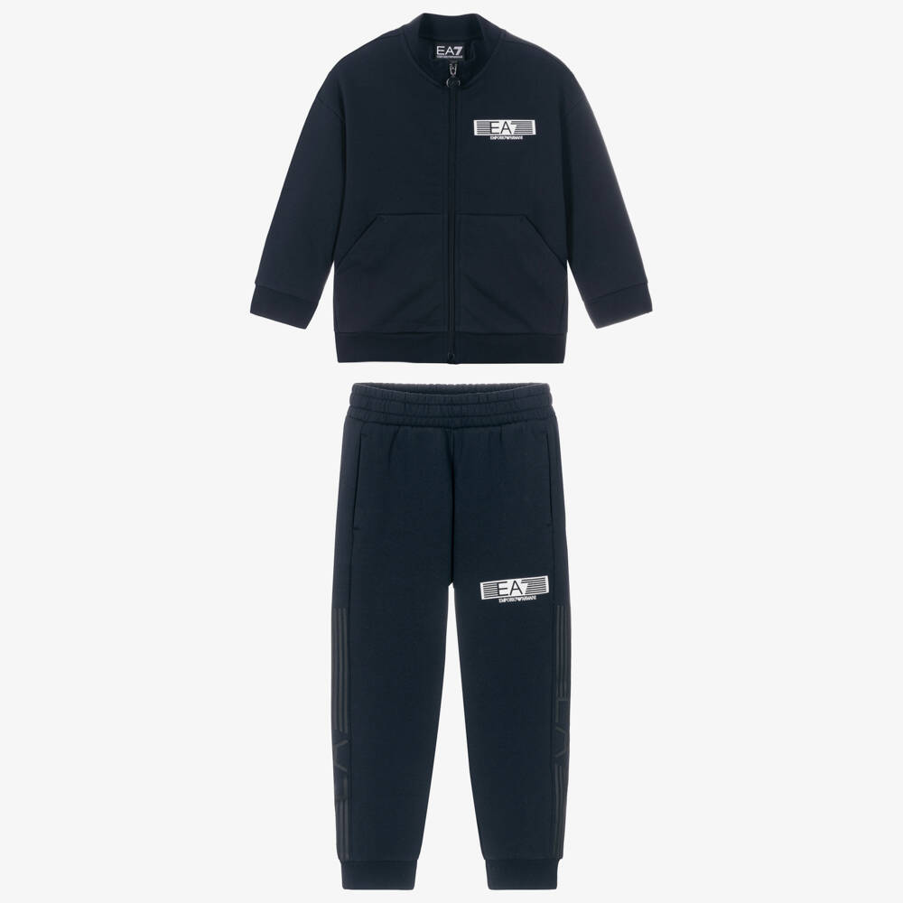 EA7 Emporio Armani-Boys Navy Blue Jersey Tracksuit with White Rubberised Logos | Childrensalon