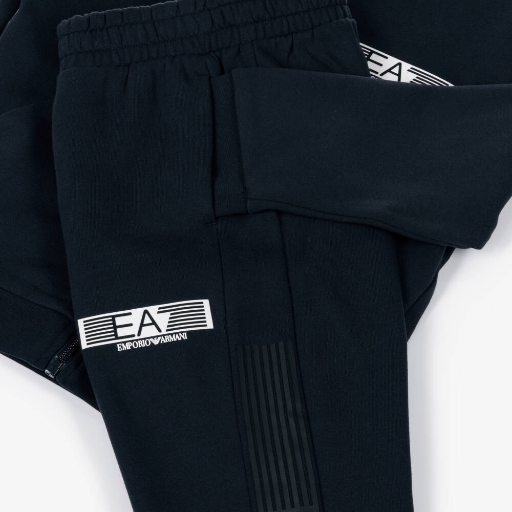 EA7 Emporio Armani-Boys Navy Blue Jersey Tracksuit with White Rubberised Logos | Childrensalon