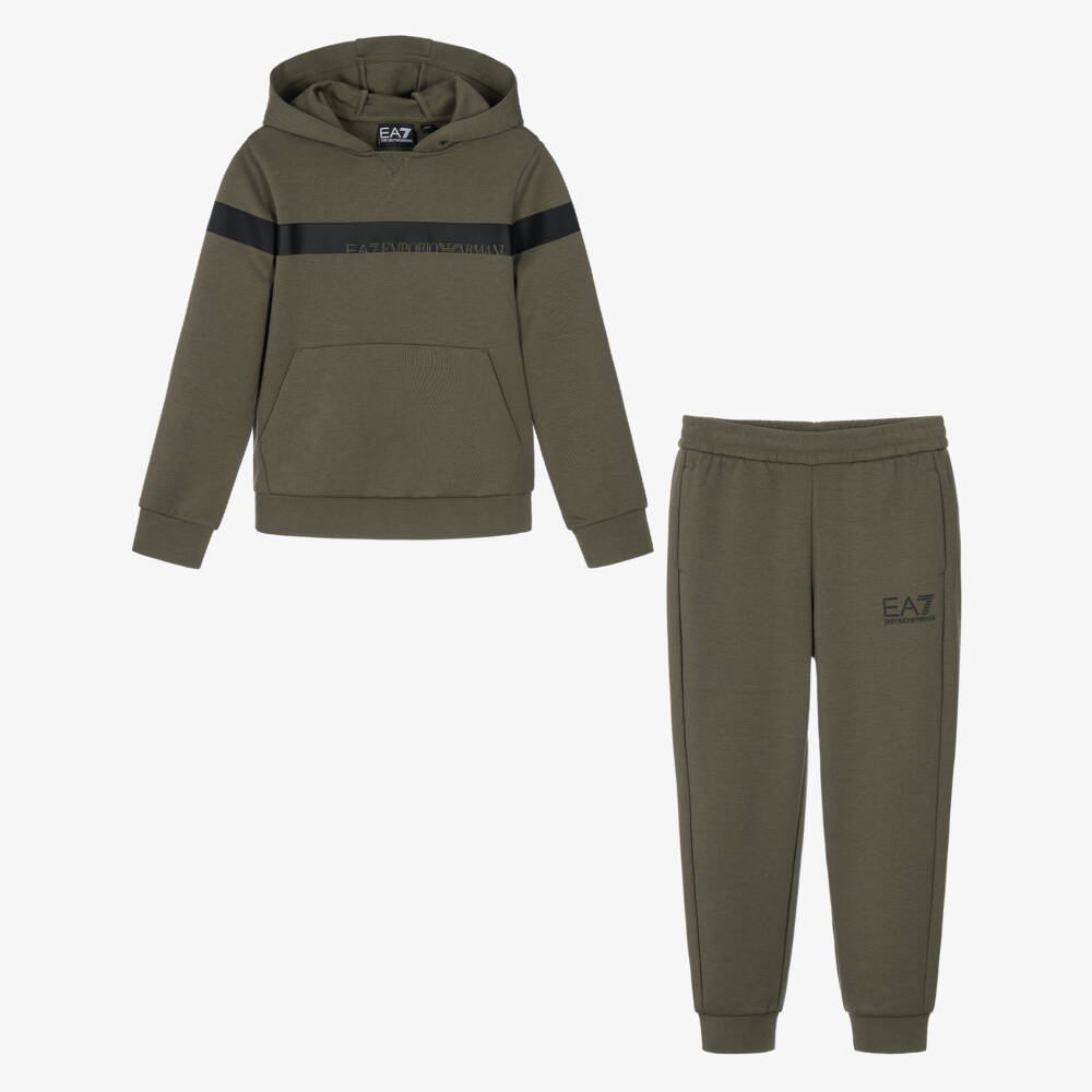 EA7 Emporio Armani-Boys Olive Green EA7 Hooded Tracksuit | Childrensalon