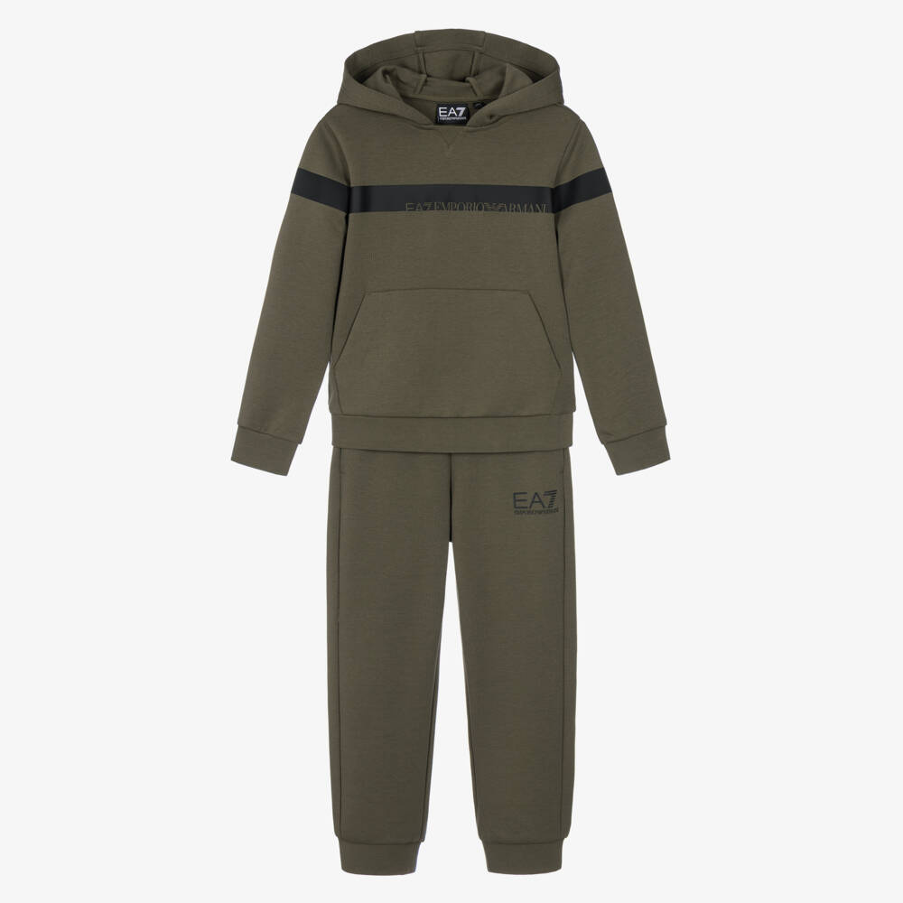EA7 Emporio Armani-Boys Olive Green EA7 Hooded Tracksuit | Childrensalon