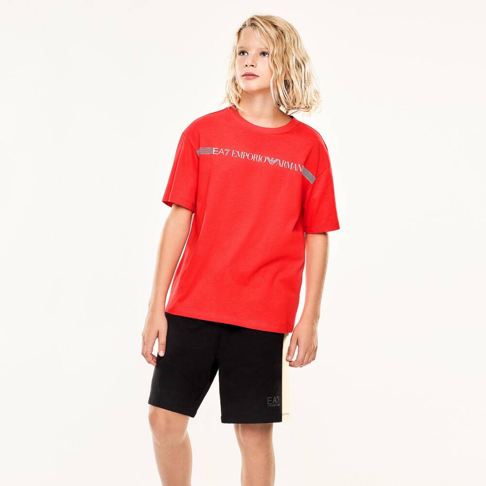 EA7 Emporio Armani-Boys Red Cotton T-Shirt with Striped Red Logo | Childrensalon