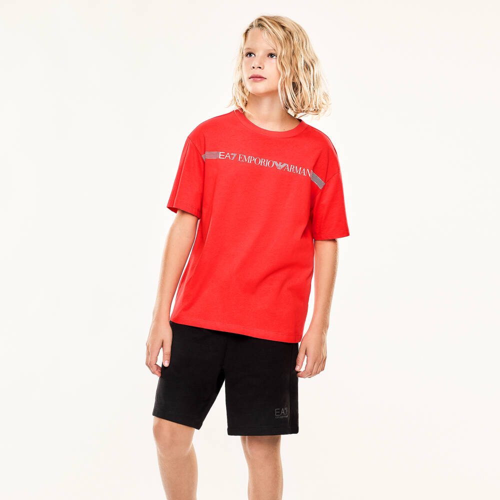 EA7 Emporio Armani-Футболка красная из хлопка с полосатым логотипом для мальчиков | Childrensalon