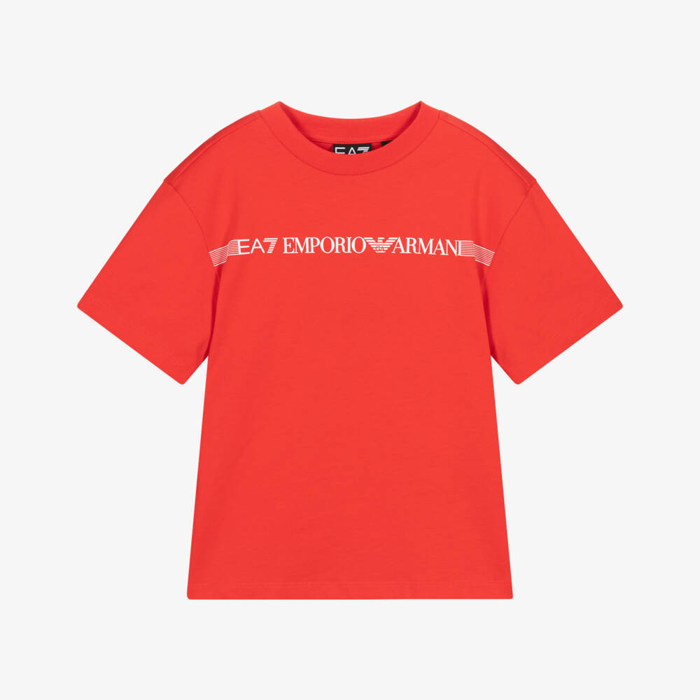 EA7 Emporio Armani-Boys Red Cotton T-Shirt with Striped Red Logo | Childrensalon