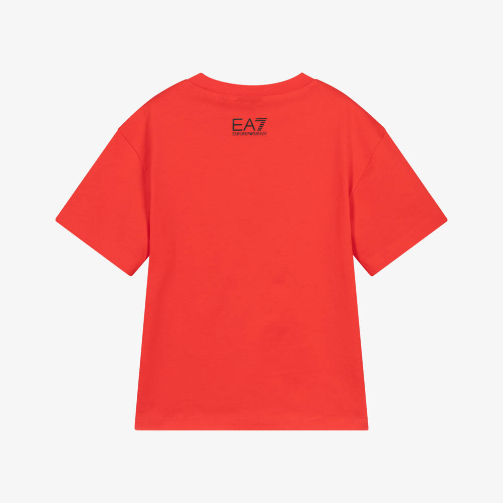 EA7 Emporio Armani-Boys Red Cotton T-Shirt with Striped Red Logo | Childrensalon