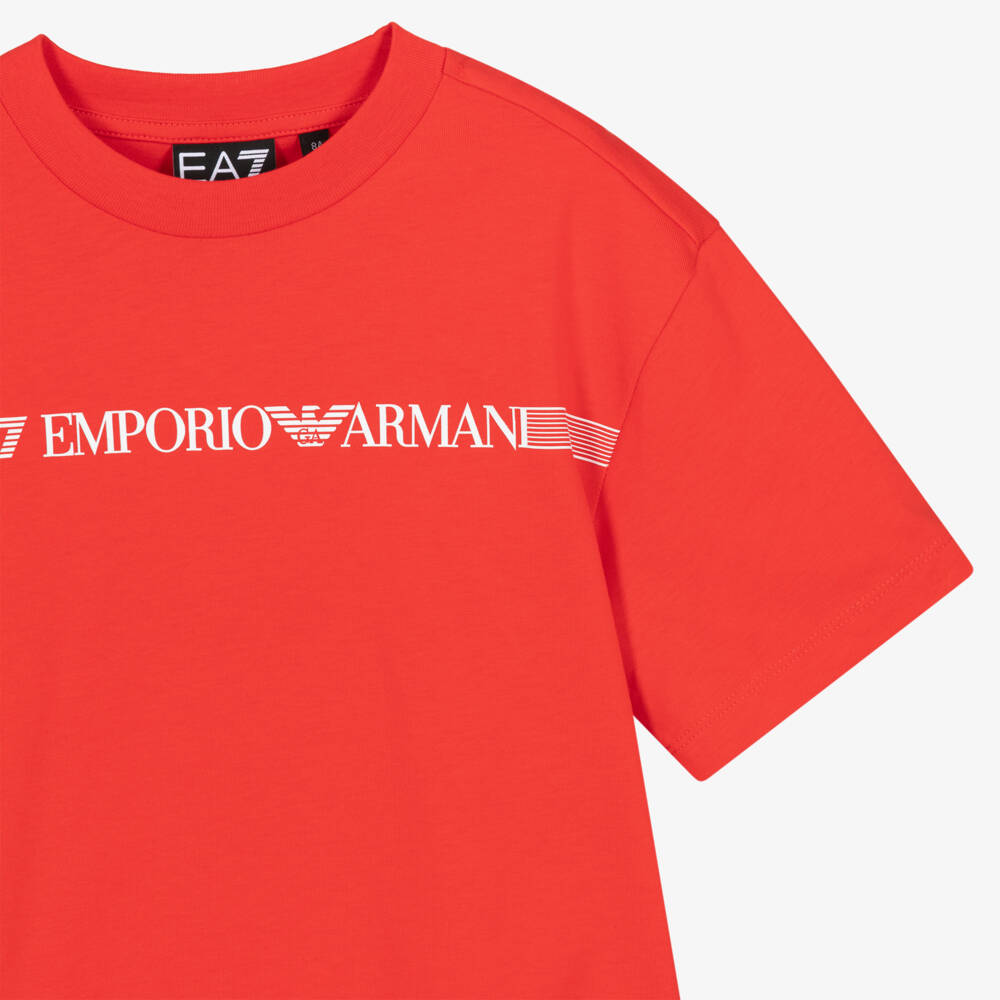 EA7 Emporio Armani-Boys Red Cotton T-Shirt with Striped Red Logo | Childrensalon
