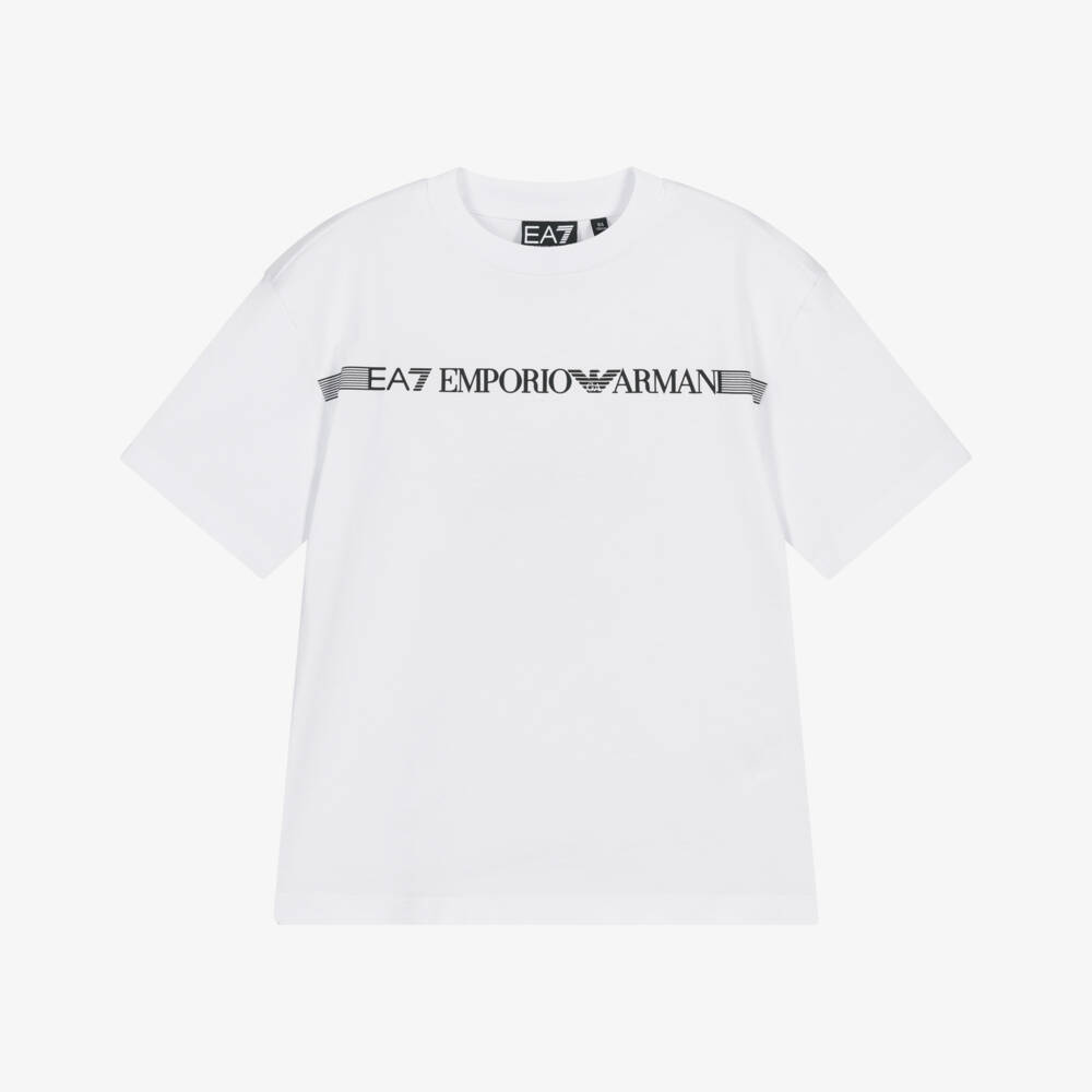 EA7 Emporio Armani-Boys White Cotton T-Shirt with Striped Black Logo | Childrensalon