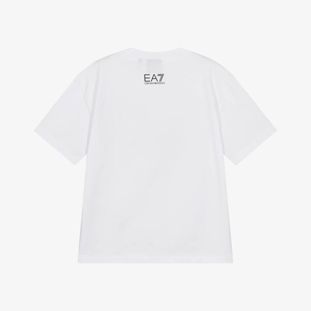 EA7 Emporio Armani-Boys White Cotton T-Shirt with Striped Black Logo | Childrensalon