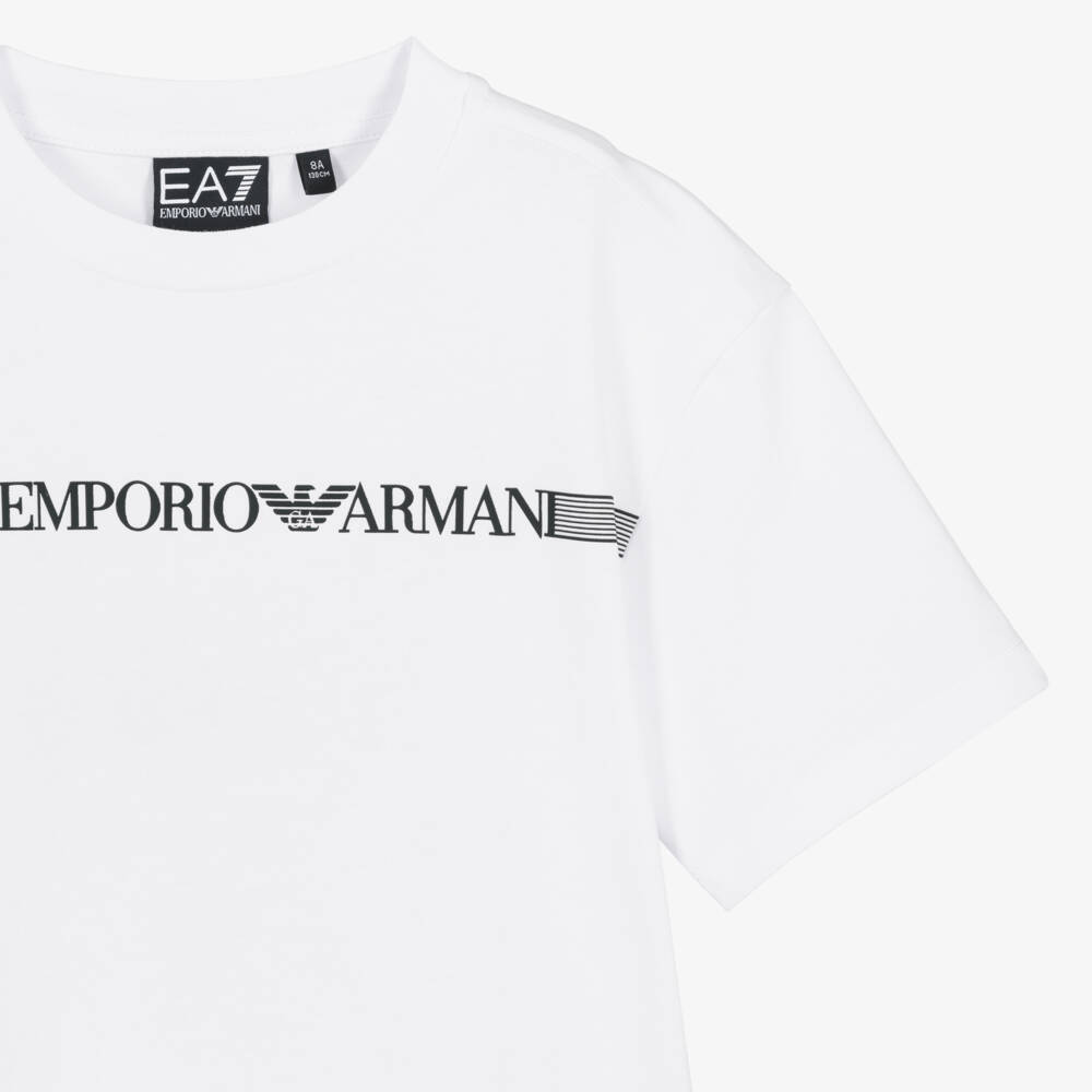 EA7 Emporio Armani-Boys White Cotton T-Shirt with Striped Black Logo | Childrensalon