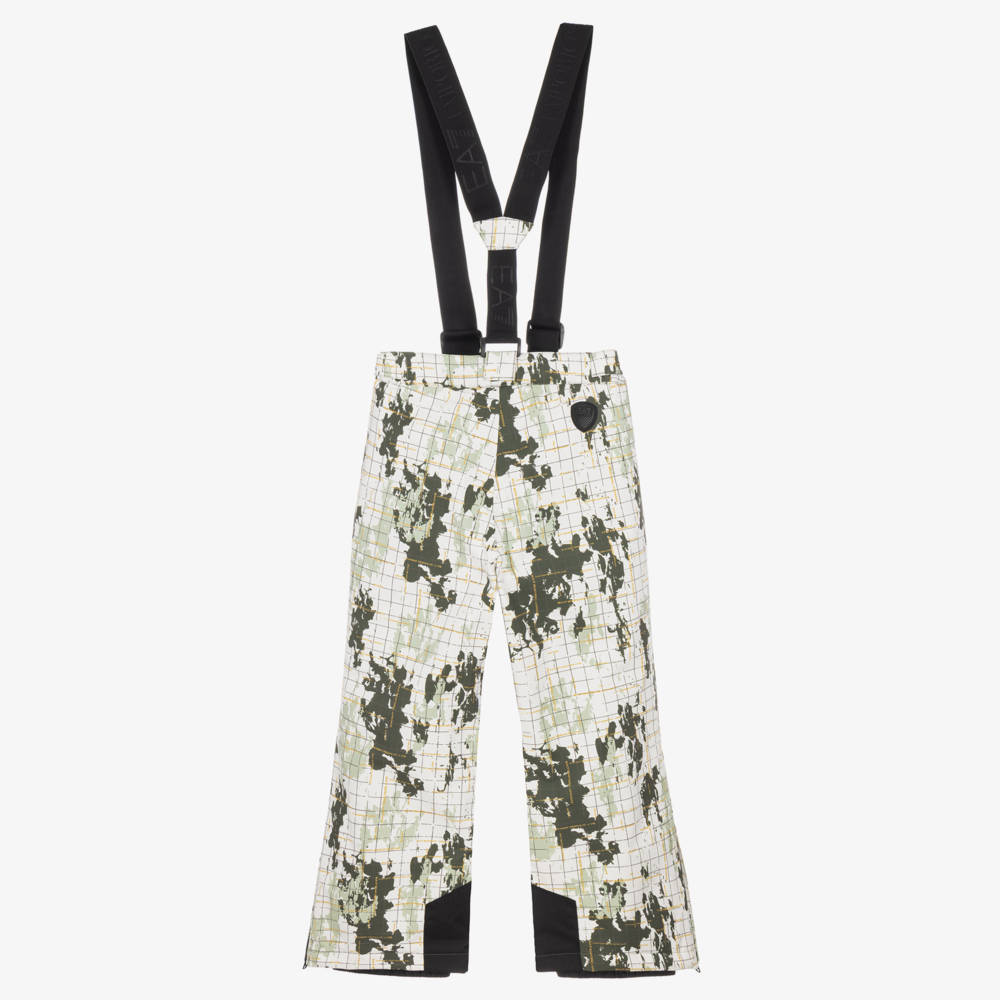 EA7 Emporio Armani-Boys White & Green Camouflage Print Technical Ski Trousers | Childrensalon