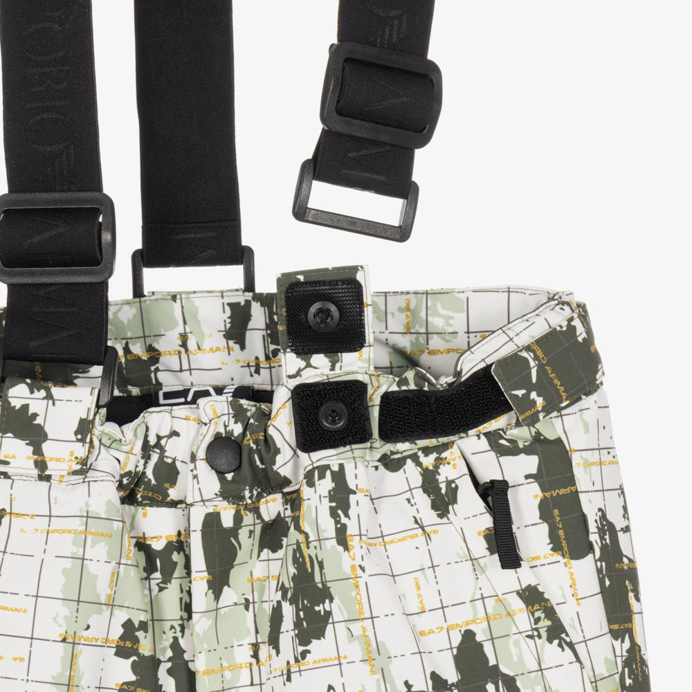 EA7 Emporio Armani-Boys White & Green Camouflage Print Technical Ski Trousers | Childrensalon