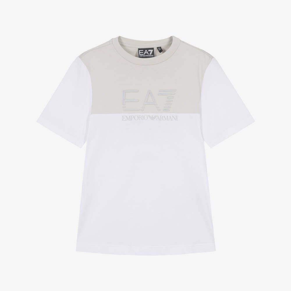 EA7 Emporio Armani-Boys White & Grey Colourblock Cotton T-Shirt | Childrensalon