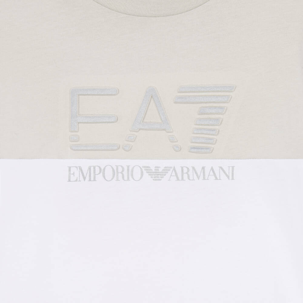 EA7 Emporio Armani-Boys White & Grey Colourblock Cotton T-Shirt | Childrensalon